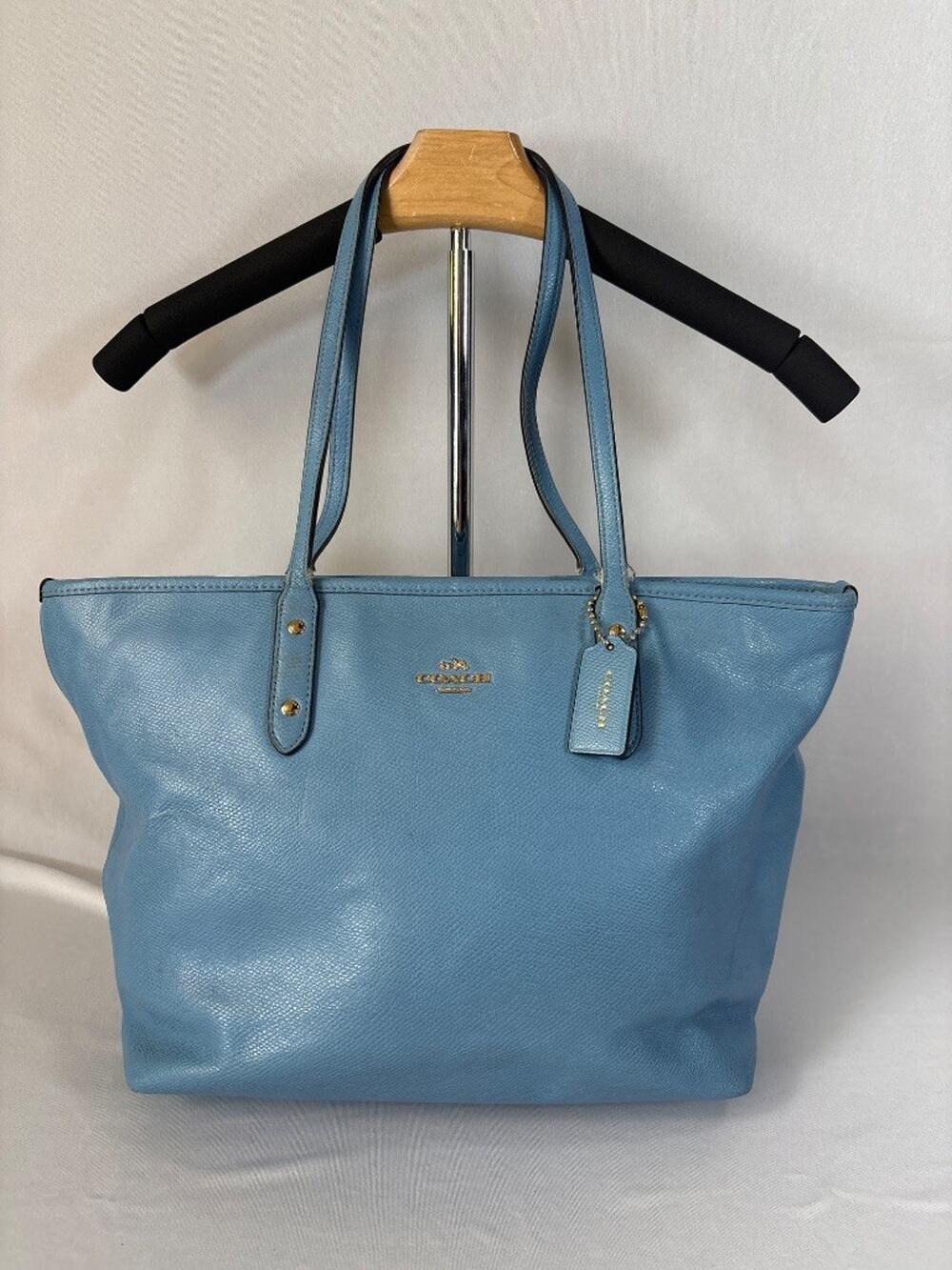 Coach Factory F36875 Crossgrain Leather Zip Top Tote Sky Blue Shoulder Bag